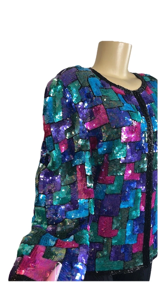Vintage 80s Stenay Color Block Sequin Jacket - Image 3 of 4