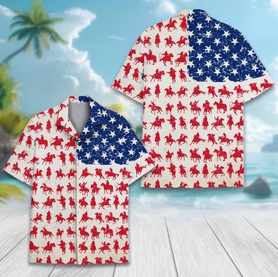Cowboy Hawaiian Shirt Men Women Youth, USA Flag Short Sleeve Shirt
