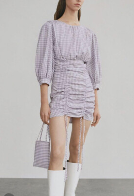 【美品】GINGHAM CHECK 2WAY PUFF SLEEVE DRESS Zara Gingham Check Puff Sleeve Lilac Mini Dress Ruched Hem