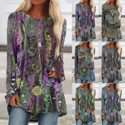 Womens Plus Size Boho Floral Tunic Tops Ladies Long Sleeve Loose Casual T-Shirt
