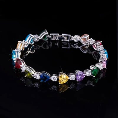 Multicolored Heart CZ Tennis Chain Link Bracelet Bangle Women Romantic Jewelry