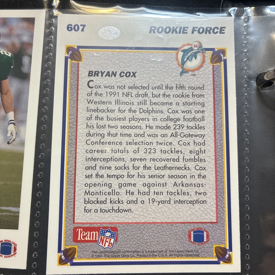 1991 Upper Deck - Bryan Cox #607 (RC) - Image 2 of 2