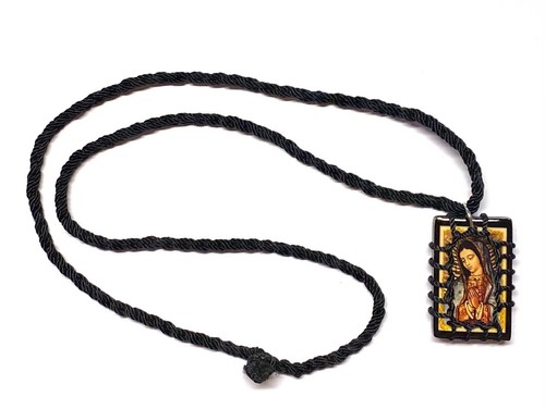 Our Lady of Guadalupe Virgen Black Scapular Necklace Wooden Roped Escapulario - Picture 2 of 2