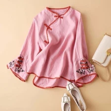 Women Chinese Embroidery Shirt Ethnic Vintage Style Blouse Top Daily Fashion New