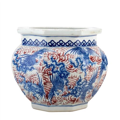 NEW CHINESE ORIENTAL PORCELAIN PHOENIX PLANTER BLUE AND RUST HEXAGONAL 12" - Picture 1 of 4