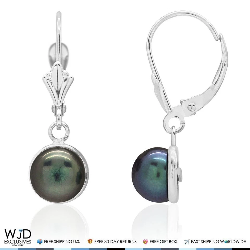 14K White Gold Bezel Set Black Pearl Dangle Leverback Earrings 7mm - Image 2 of 4