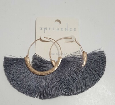 Grey Fan Fringe Hammered Drop Hoop Earrings in Rose Gold Tone Influence 3''