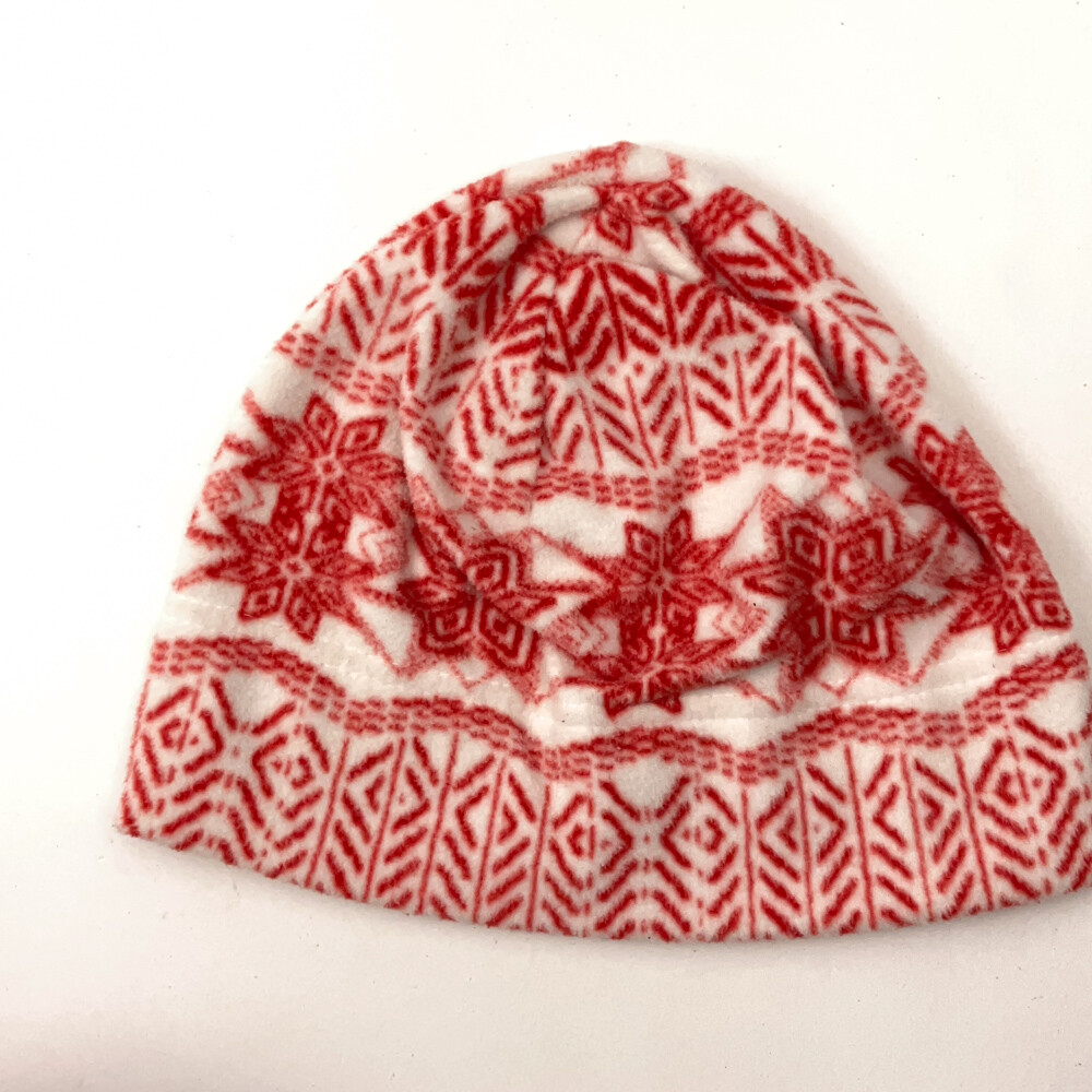 Lands' End White Red Snowflake Pattern Thin Fleece Winter Beanie Cap View 2