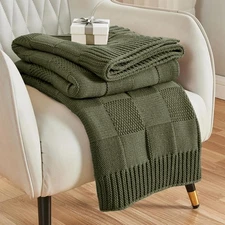 CozeCube Check Knit Throw Blanket, Olive Green Checkered 50X60, Burnt 