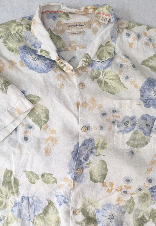Tommy Bahama Mens 100% Linen Hawaiian Shirt XXL Floral Pastel Short Sleeve Relax