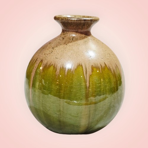 Pottery Bud Vase Green Tan Drip Glaze 5"×3.5" Country Farmhouse Decor - Picture 3 of 8