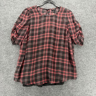 Torrid Blouse Top Womens M Black Red Plaid Mesh Sheer Whimsigoth Holiday Goth