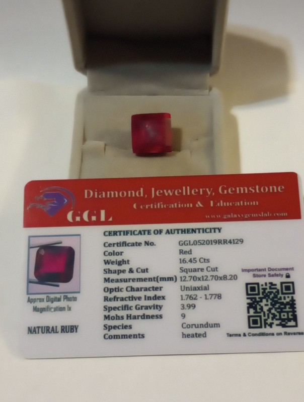 NATURAL EARTH MINED CERTIFIED GEM TESTED HEATED RED SQUARE CUT RUBY 16.45 CTS.