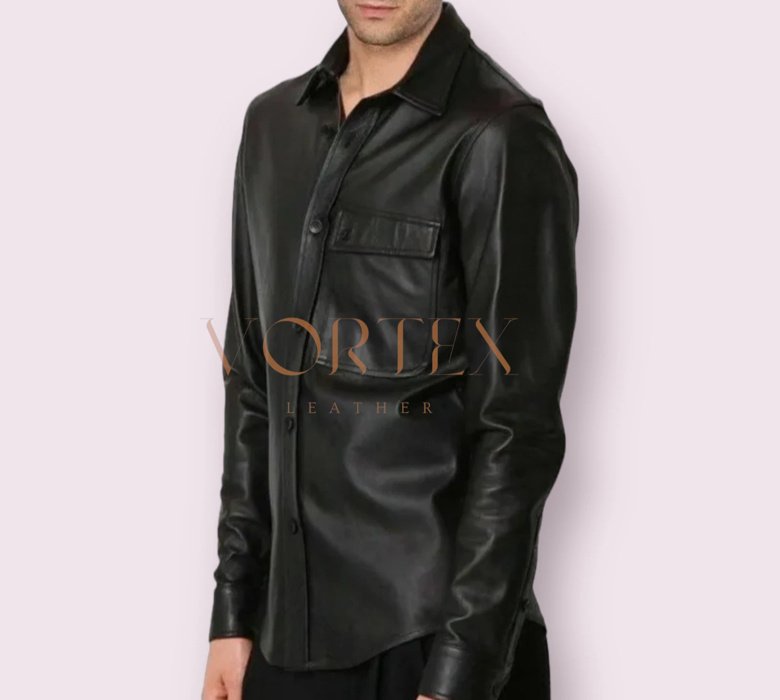 Black Leather Shirt For LGBT Men's Genuine Lambskin Leather Classic Style Shirt