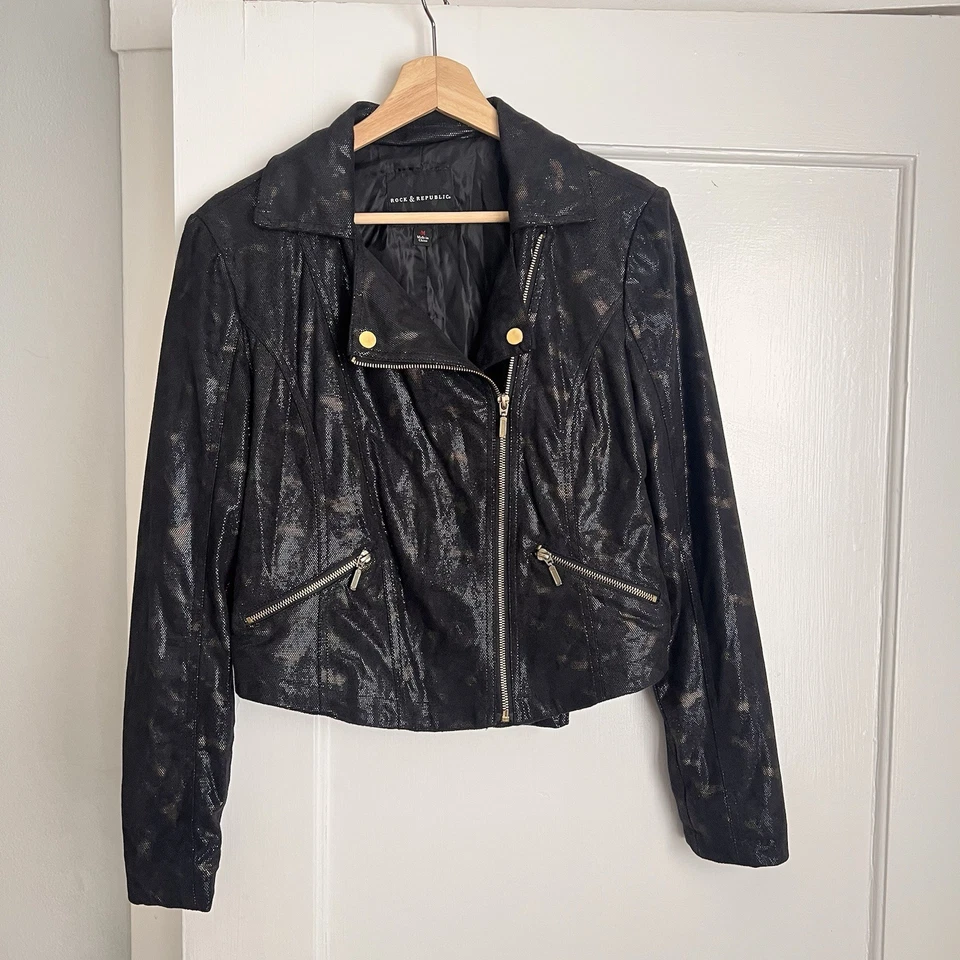 Rock & Republic Black Moto Jacket M Shiny Animal Print Zip Biker Style Medium - Image 2 of 4