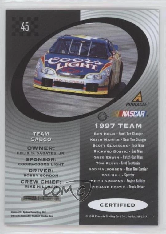 1997 Pinnacle Certified Red Robby Gordon Felix Sabates Mike Hillman Rookie RC - Image 2 of 2