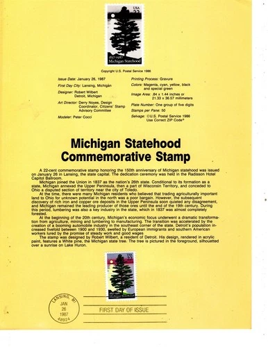 Souvenir Page FDC Stamp #SP760, Michigan Statehood #2246, January 26, 1987