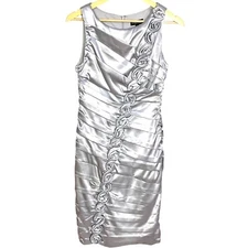 Signature By Sangria Modern Social Cocktail Dress 4 Silver Ruched Floral Accents