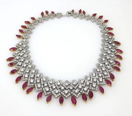 Estate 41.0ct Ruby 27.0ct Diamond Platinum & 18K Yellow Gold Fringe Necklace - Picture 5 of 8