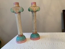 2 AMP Greek style rustic columns candle stick holders wood 13"  painted Thailand