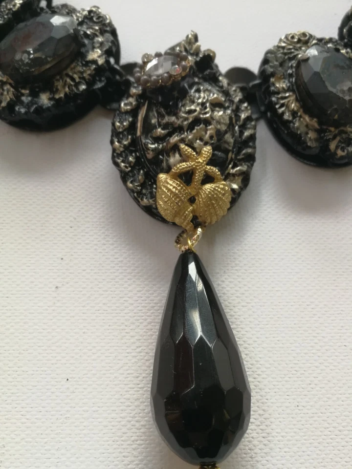 collana donna gioiello collier girocollo antico gotico strass perle pietra nera - Immagine 4 di 4