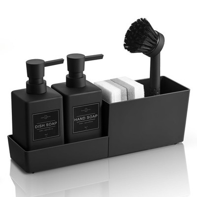 Kitchen Soap Dispenser Set with Sponge Holder and Brush for Sink Rack Hand So...