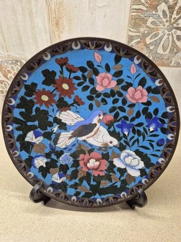 Antique Japanese Cloisonne Enamel Plate Birds & Flowers Meiji Period 19th C 30cm