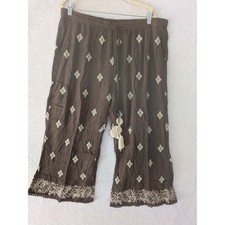 Sundance Wide Leg Crop Pants Women's XL Brown Embroidered Boho Tassel