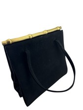   	Vintage Black Suede Evening Bag Gold Frame Top Handle Elegant Classic