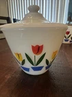 Vintage Fire-King Tulip Lidded Bowls Milk Glass Grease / Fridge Jar Excellent!