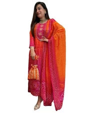 GoSriKi Women?s Rayon-Viscose Straight Kurta Set with Multicolor Bandhej Prin...