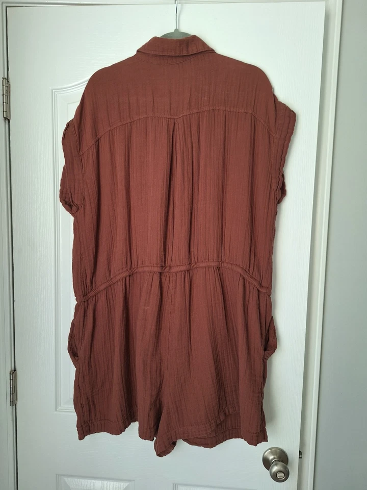 Mono mameluco antiguo azul marino para mujer talla XXL cintura definida pantalones cortos arrugados gasa marrón Foto 2 de 4