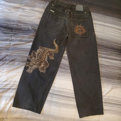 Vintage Y2K JNCO Jeans mens 30x28 black embroidered alligator wide baggy pipe