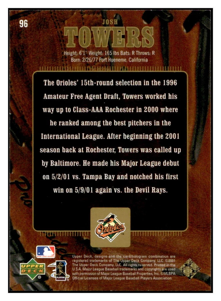 2001 Upper Deck Gold Glove #96 Josh Towers Gold Glove Limited #/100 - Image 2 of 2