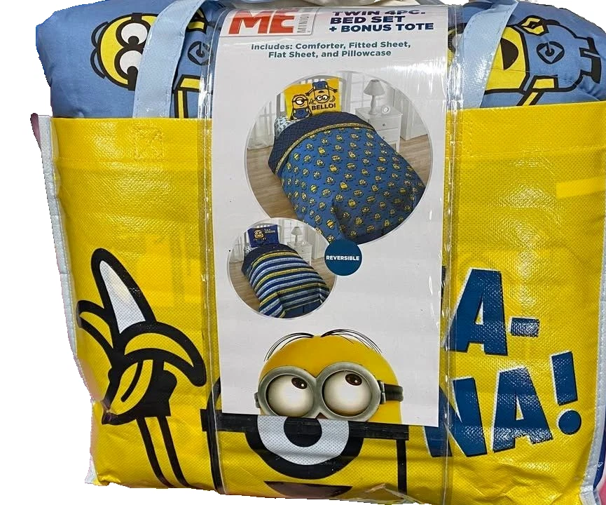 !WOW! NWT MINIONS Blue BANANA 5 Piece Twin Comforter & Sheet Set {BED IN A BAG} - Image 1 of 2