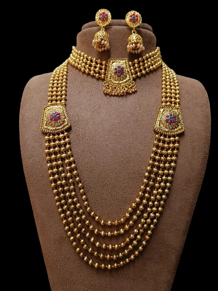 Matt Vergoldete Südindische Lange Braut Halskette Ohrringe Hochzeits Schmuck Set