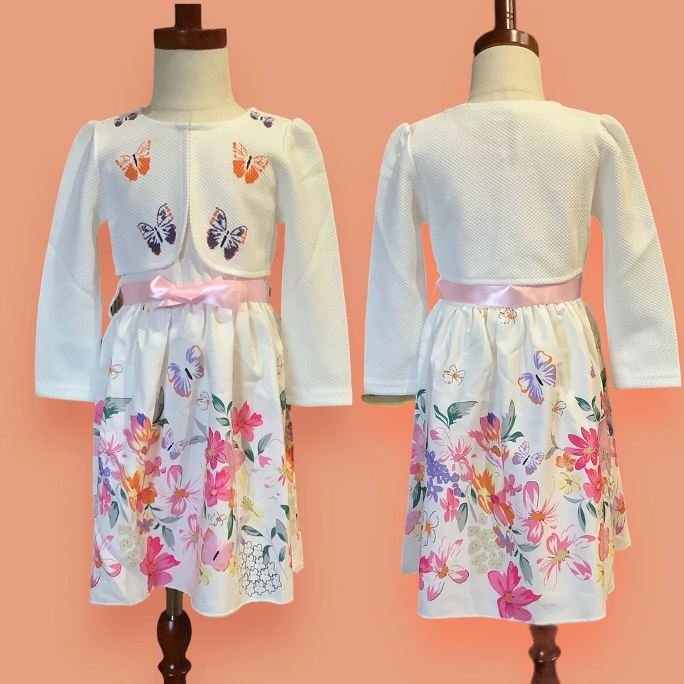Vestido Bolero Chaqueta Mariposas Floral Cinta Satén 2 Piezas Niñas 4 Delantales (B) Foto 2 de 4