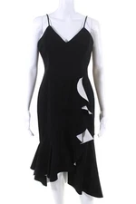 Bardot Womens Contrast Ruffle V Neck Midi Sheath Dress Black White Size 8