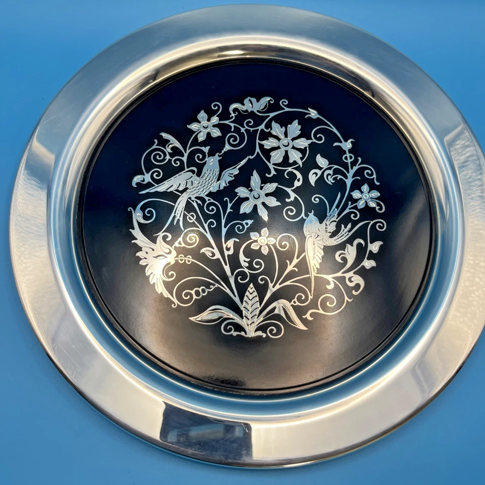 Винтажный бакелитовый дисплей лоток Oneida серебряная пластина черный инкрустация птицы цветочный 10» - Изображение 4 из 4