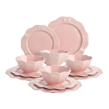 12-Piece Dinnerware Set, Embossed Bow Design, Iconic Ceramic Stoneware Servic...