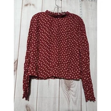 Elodie Blouse Womens Large Red Floral Long Sleeve Ruffle Neck 100% Rayon Top