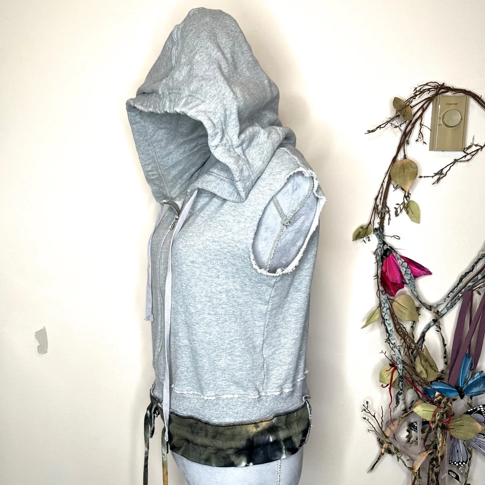 Sudadera con Capucha Mujer Patchwork Talla Pequeña Gris Verde Tie Dye Rasgado Deshilachado Grunge Gótico Foto 4 de 4