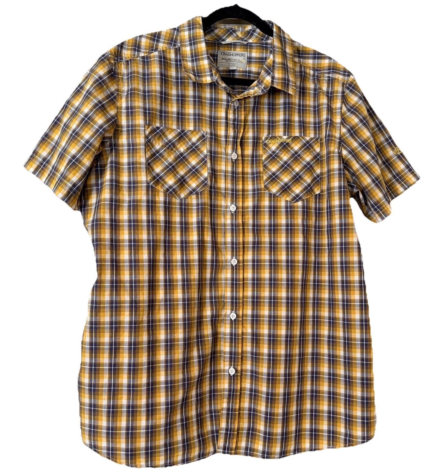 Craghoppers Shirt Mens XL Yellow Blue Plaid SolarShield Short Sleeve Hiking