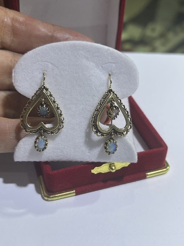 Antique 14k Yellow Gold Hearts Australian Fire Opal Dangle Earrings - Picture 12 of 15