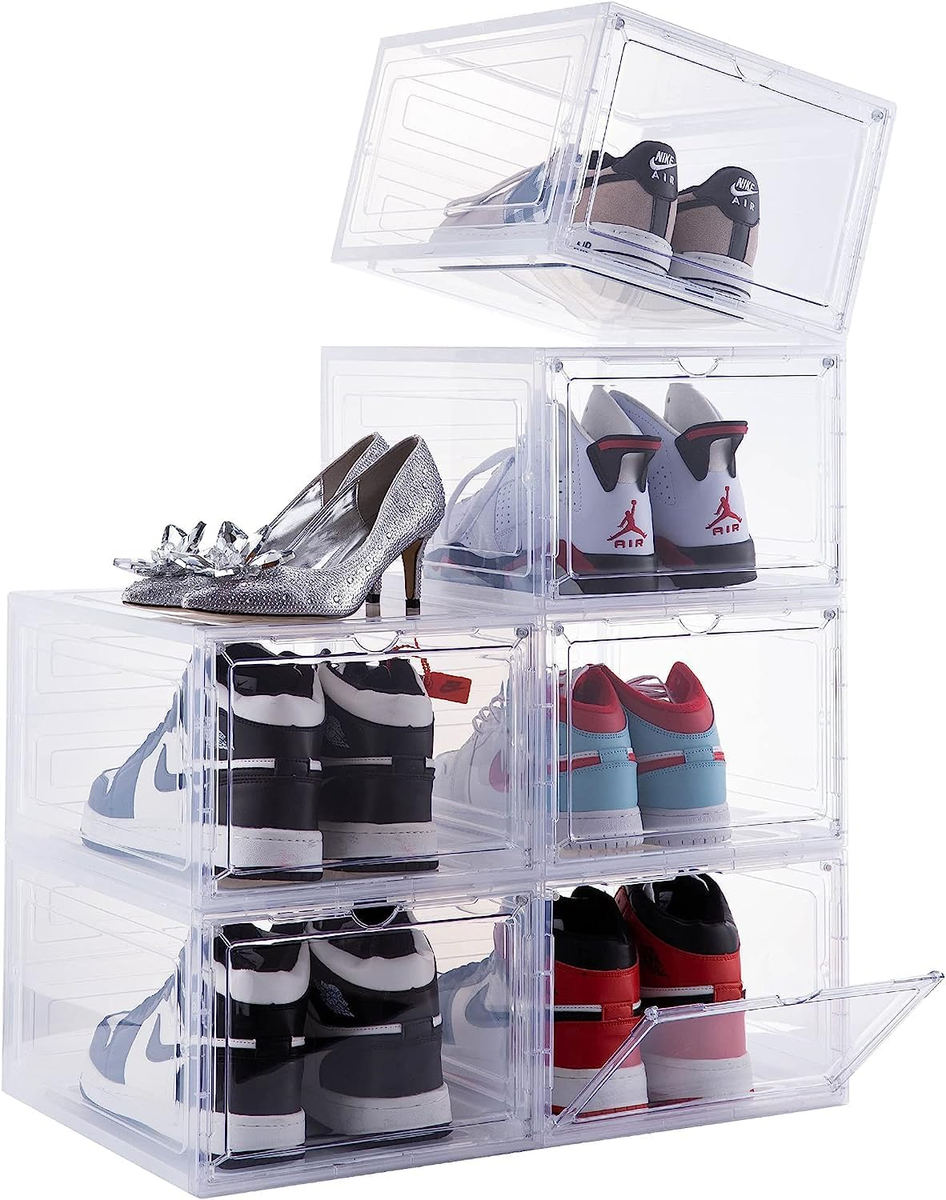 Drop Front Shoe Box,Set of 6,Stackable Plastic Shoe Box with Clear