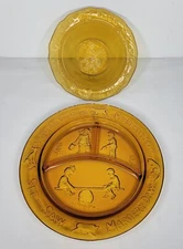 Vtg Tiara Amber Glass Children's Nursery Rhyme Dish Set Divided Plate & Bowl