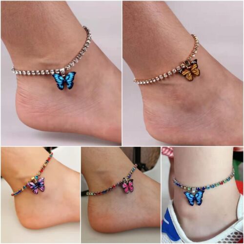 Boho Butterfly Crystal 925 Silver Gold Anklet Foot Beach Bracelet Women Jewelry - Afbeelding 1 van 10