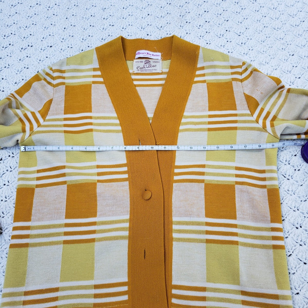 Vtg Cadillac Cardigan Button Front Sweater Pockets Wool Yellow