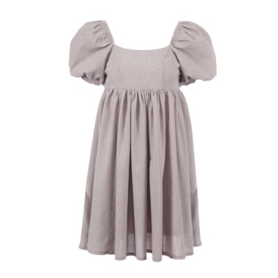 Women Cotton Linen Babydoll Dress Mini Puff Sleeve Swing