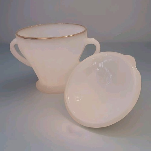 Anchor Hocking 1960s Golden Shell Swirl Sugar Bowl & Creamer Set Gold Trim  - Picture 4 of 15